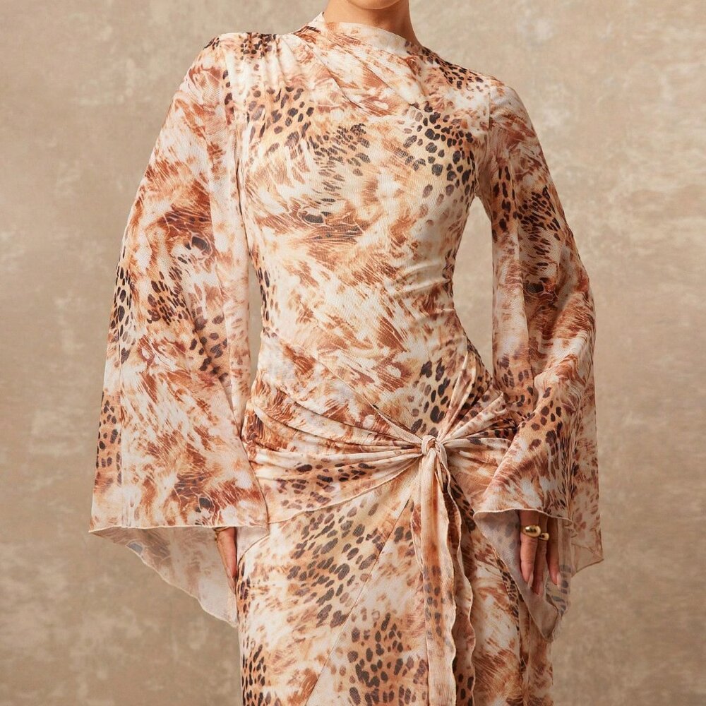 Multicolor Casual Women's Tie-Dye Leopard Print Mesh V-Neck Dress - Picture 4 of 7